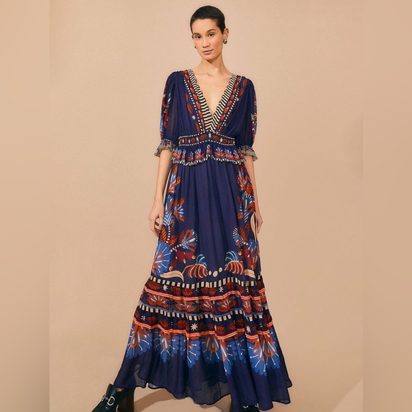 FARM Rio Dresses & Skirts - FARM Rio Navy Blue Maxi Dress with Orange & Light Blue Floral Print